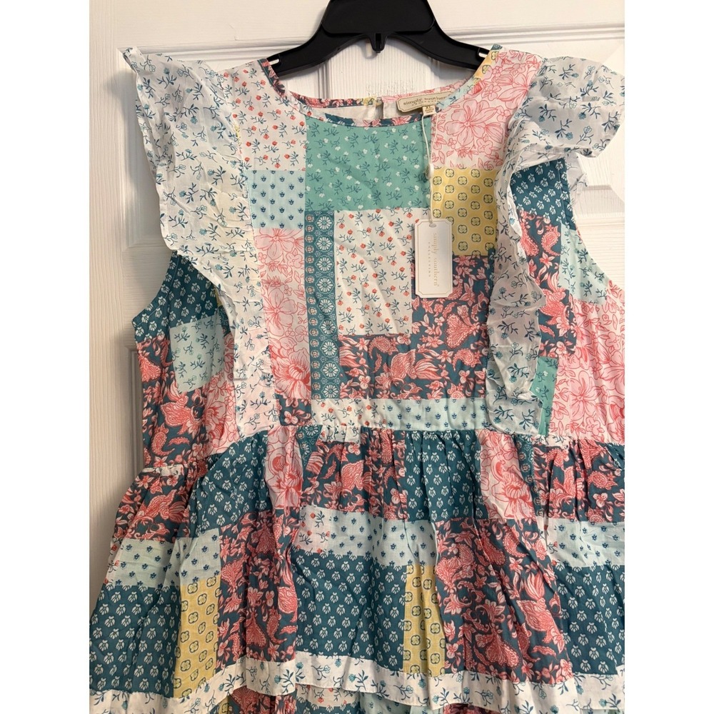 Simply Southern Patchwork Tiered Maxi Dress XL Pink Teal Ruffle Sleeveless NEW - Picture 2 of 11